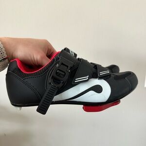 Peloton Black, White and Red Womens Cycling Shoes with Ratchet Buckle